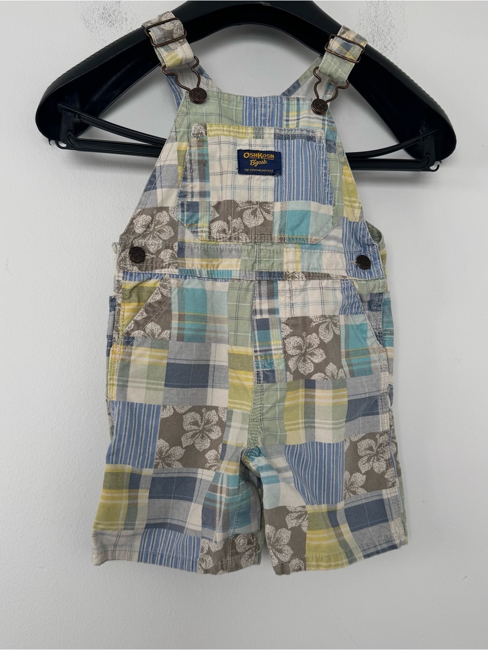 OshKosh B'gosh Patchwork Overalls Shortalls 24M 2T Plaid Floral Vestbak Cotton